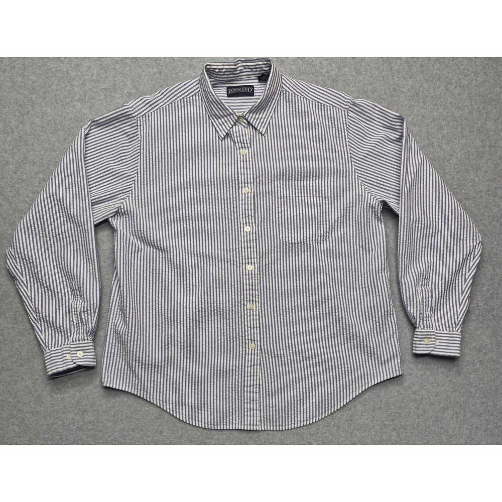 Vintage Lands End Shirt Womens L 14 16 Blue Striped Seersucker Button Down OCBD